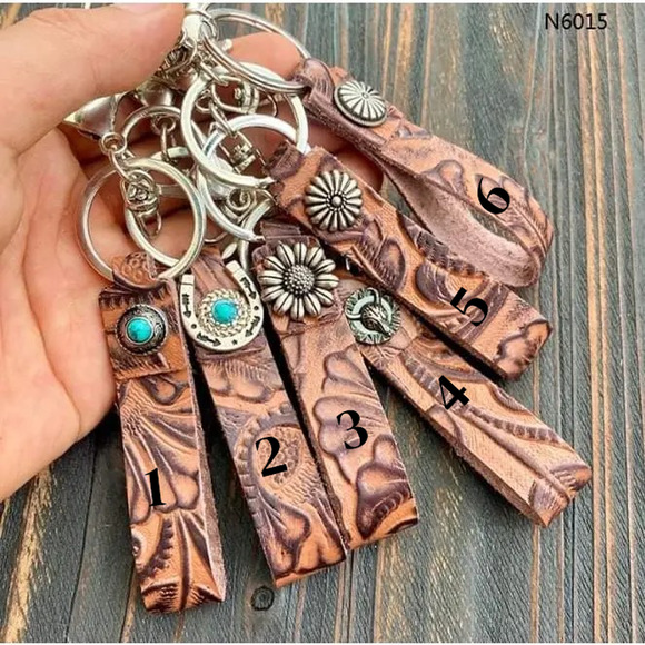 Brown Tooled Leather Keychains Bag Charm Style 4 Accent Silver Round Bull Skull - Picture 2 of 3